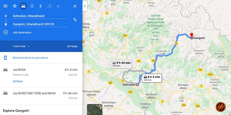 Dehradun to Gangotri Route Map