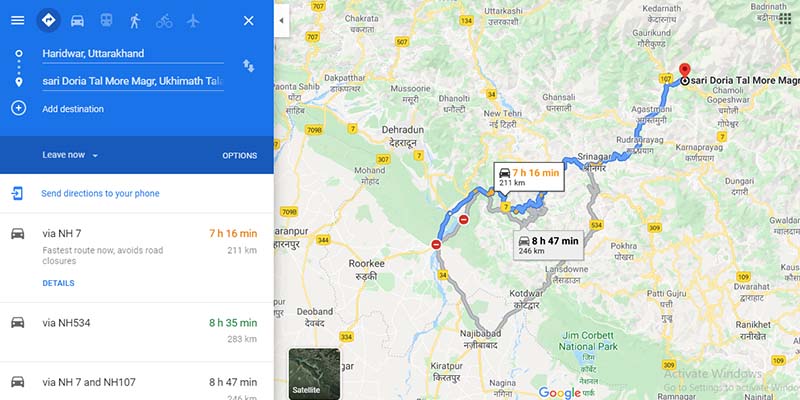 Haridwar to Sari Village Route Map