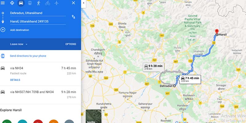 Dehradun to Harshil Route Map