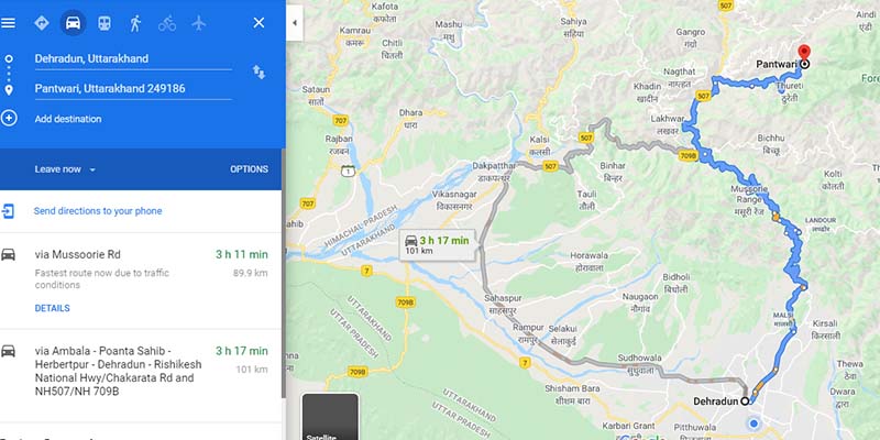 Dehradun to Pantwari Route Map