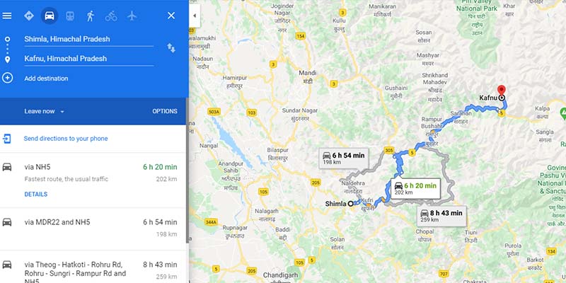 Shimla to Kafnu, Himachal Route Map