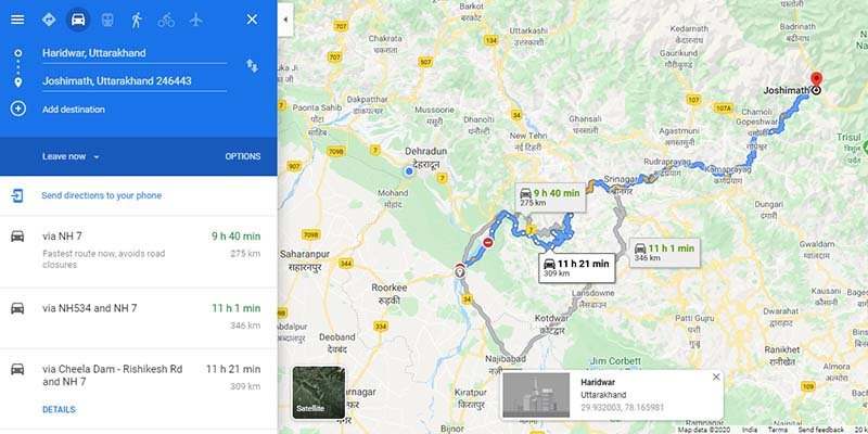 Haridwar to Joshimath Route Map